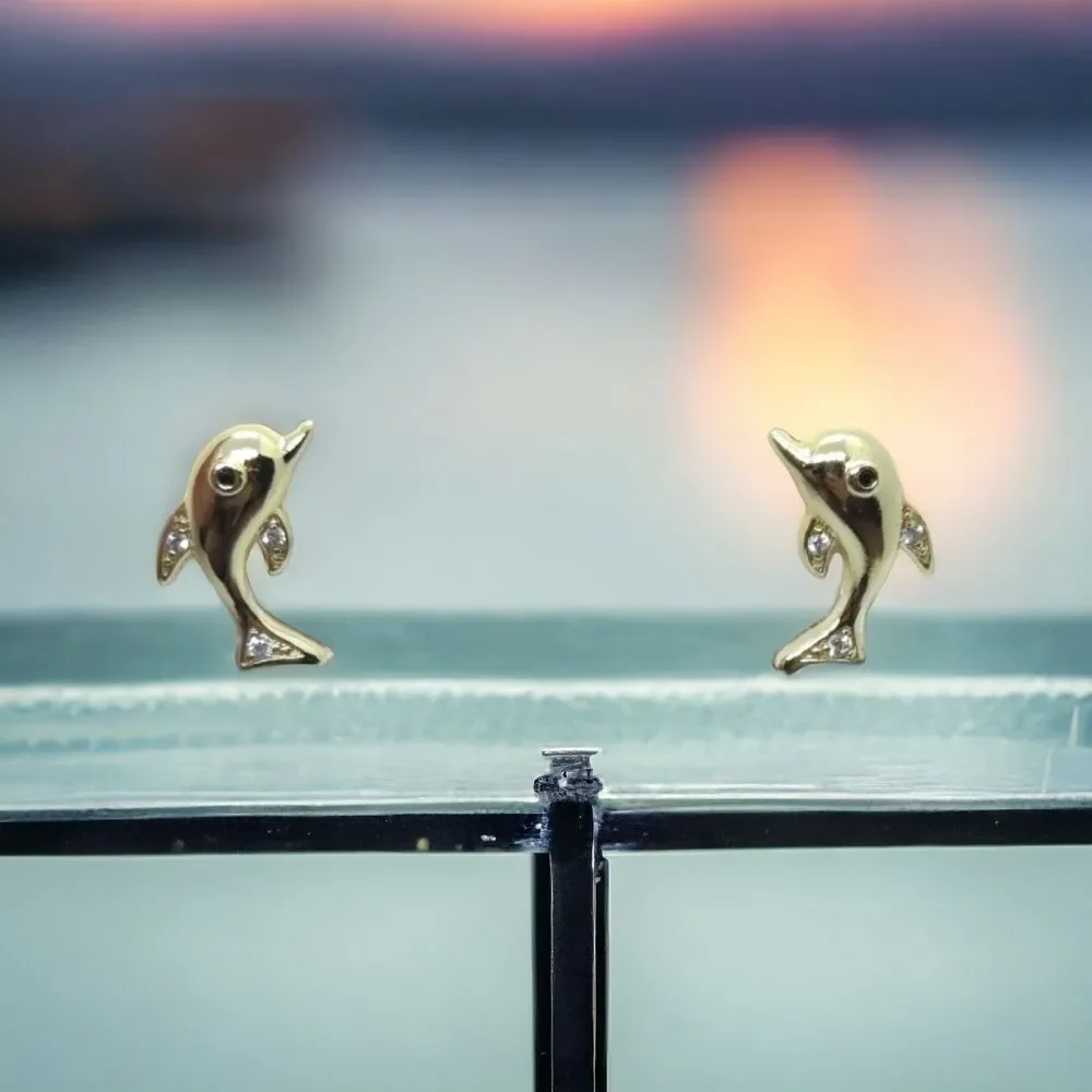 Dolphin Stud Earrings 14K Gold Plated CZ Sea World Nautical Ocean Marine Jewelry
